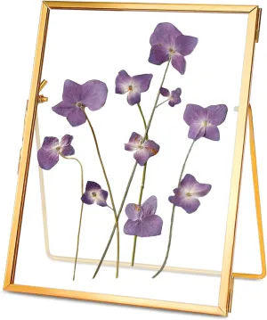 Handmade Glass Pressed Flower Frame, Floating Tabletop Artwork & Photo Frame for Pressed Flowers, Brass Desk Picture Frame for Home Office Plant Specimen