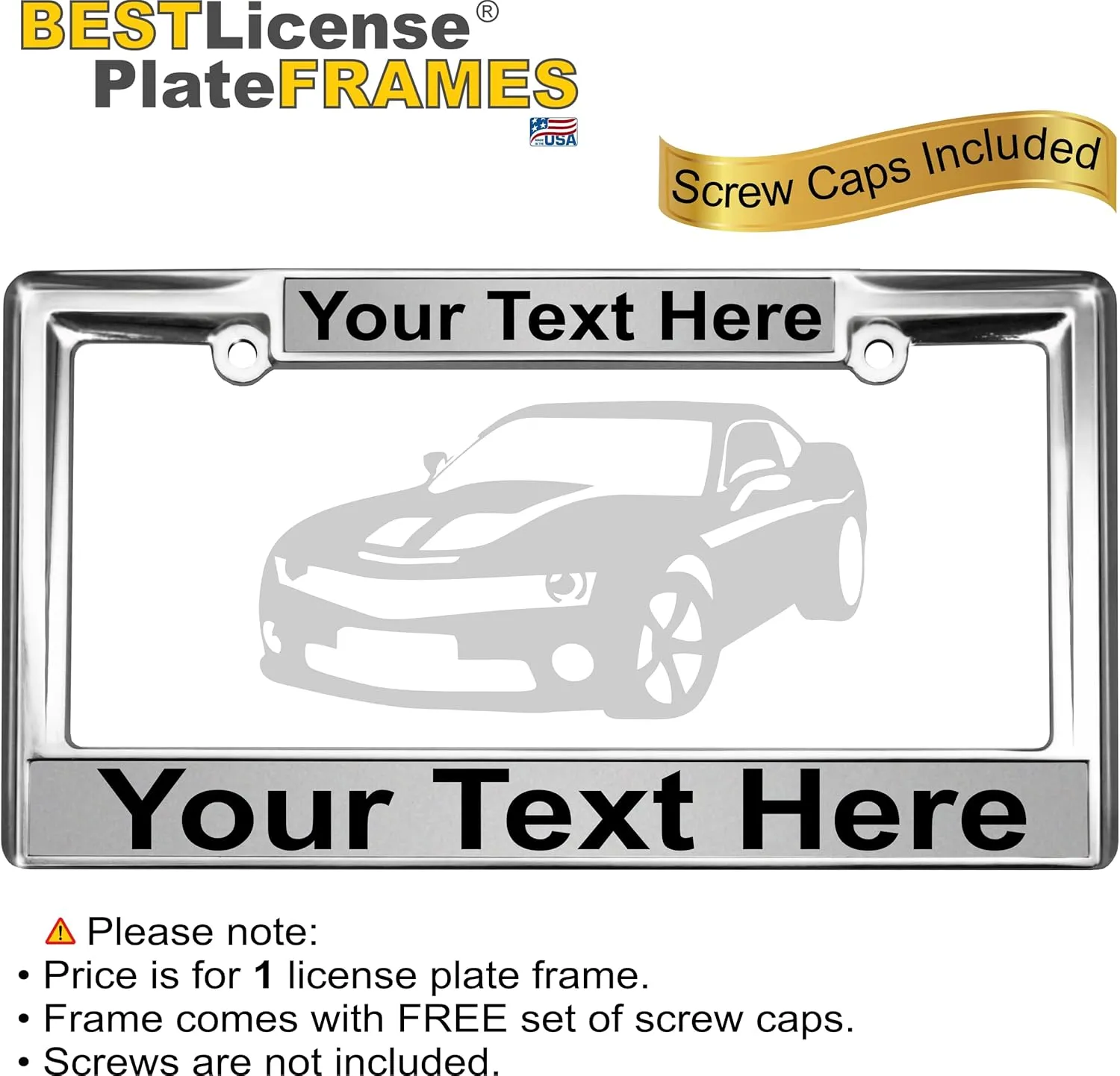Heavy Duty Chrome Metal Personalized with Custom Text Design Laser Engraved Standard Size - Car/Automobile License Plate Frame with Free caps - Silver/Black (Qty: 1 Frame)