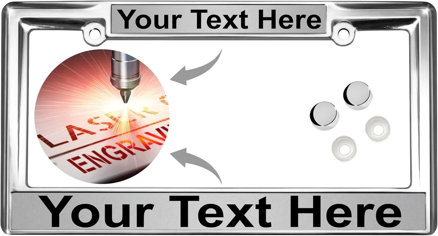 Heavy Duty Chrome Metal Personalized with Custom Text Design Laser Engraved Standard Size - Car/Automobile License Plate Frame with Free caps - Silver/Black (Qty: 1 Frame)