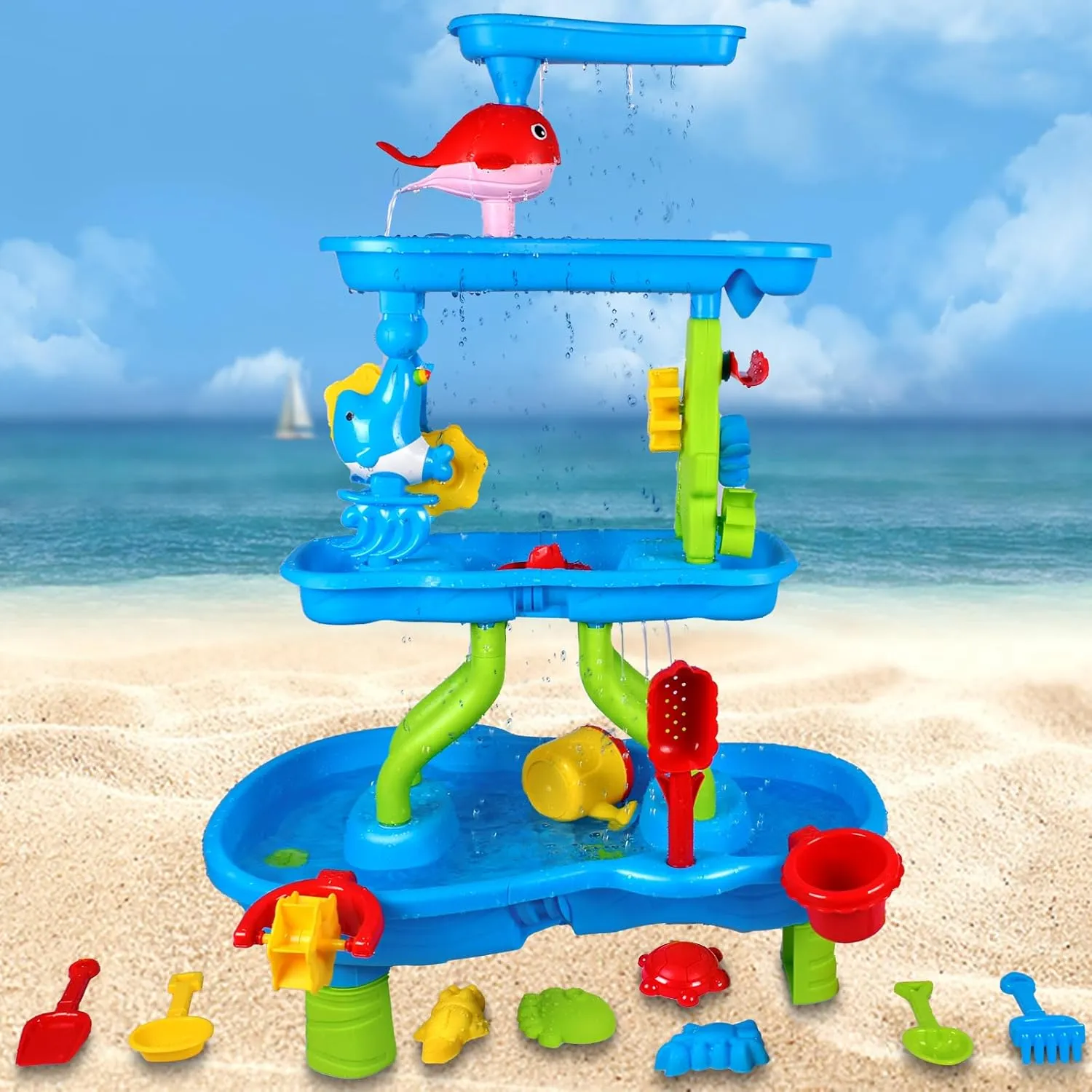 Heifriday 4-Tier Water Table for Kids Ages 4-8 Rain Showers Splash Outdoor Sand and Water Table for Toddlers Kid Sensory Tables Summer Outdoor Toys for Beach and Backyard for Boys Girls