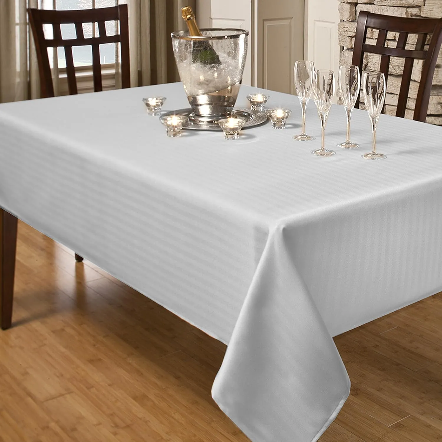 Herringbone Weave Spillproof Tablecloth, 60 by 104-Inch, White