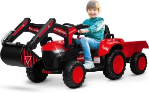 Hetoy 12V 3 in 1 Kids Ride on Excavator & Tractor with Detachable Trailer, Kids Electric Vehicles with Remote Control, Digger, LED Lights, Music, Ride on Car Toy for Boys Girls, Red