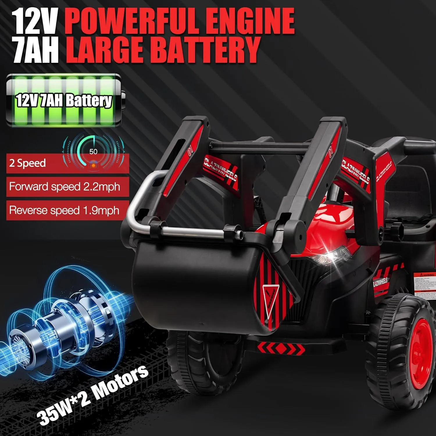 Hetoy 12V 3 in 1 Kids Ride on Excavator & Tractor with Detachable Trailer, Kids Electric Vehicles with Remote Control, Digger, LED Lights, Music, Ride on Car Toy for Boys Girls, Red