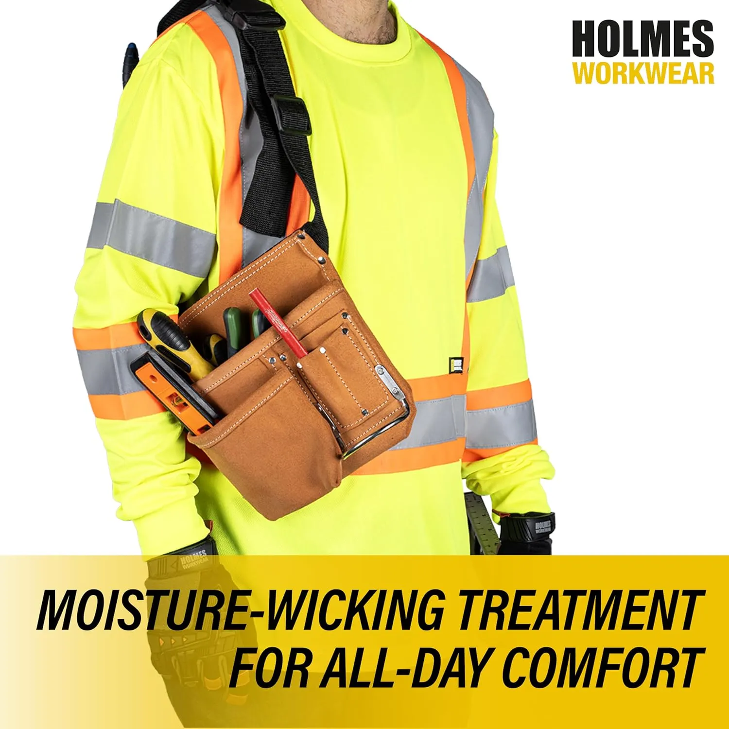 Hi-Vis Safety Long Sleeve Shirt; Moisture-Wicking Work Sweater with Reflective Stripes