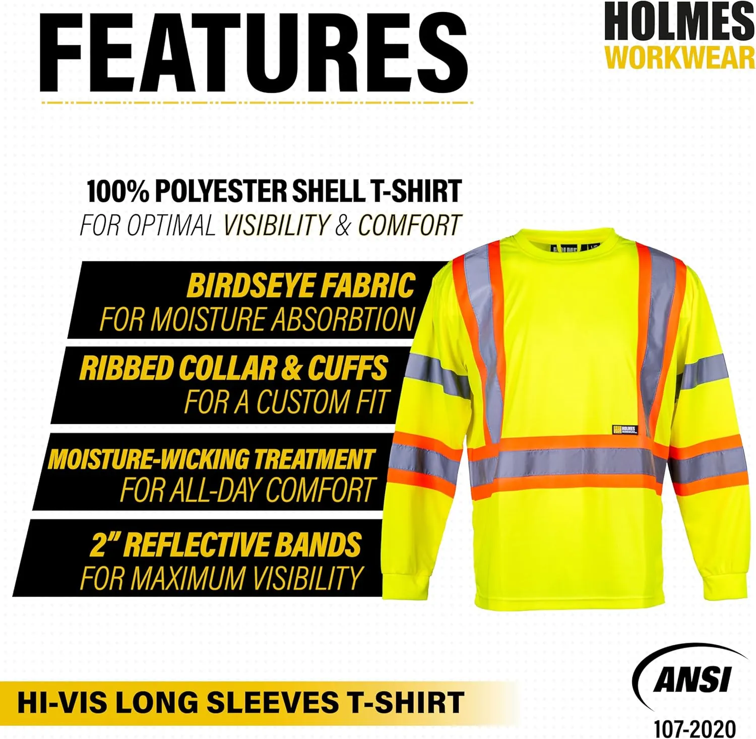 Hi-Vis Safety Long Sleeve Shirt; Moisture-Wicking Work Sweater with Reflective Stripes
