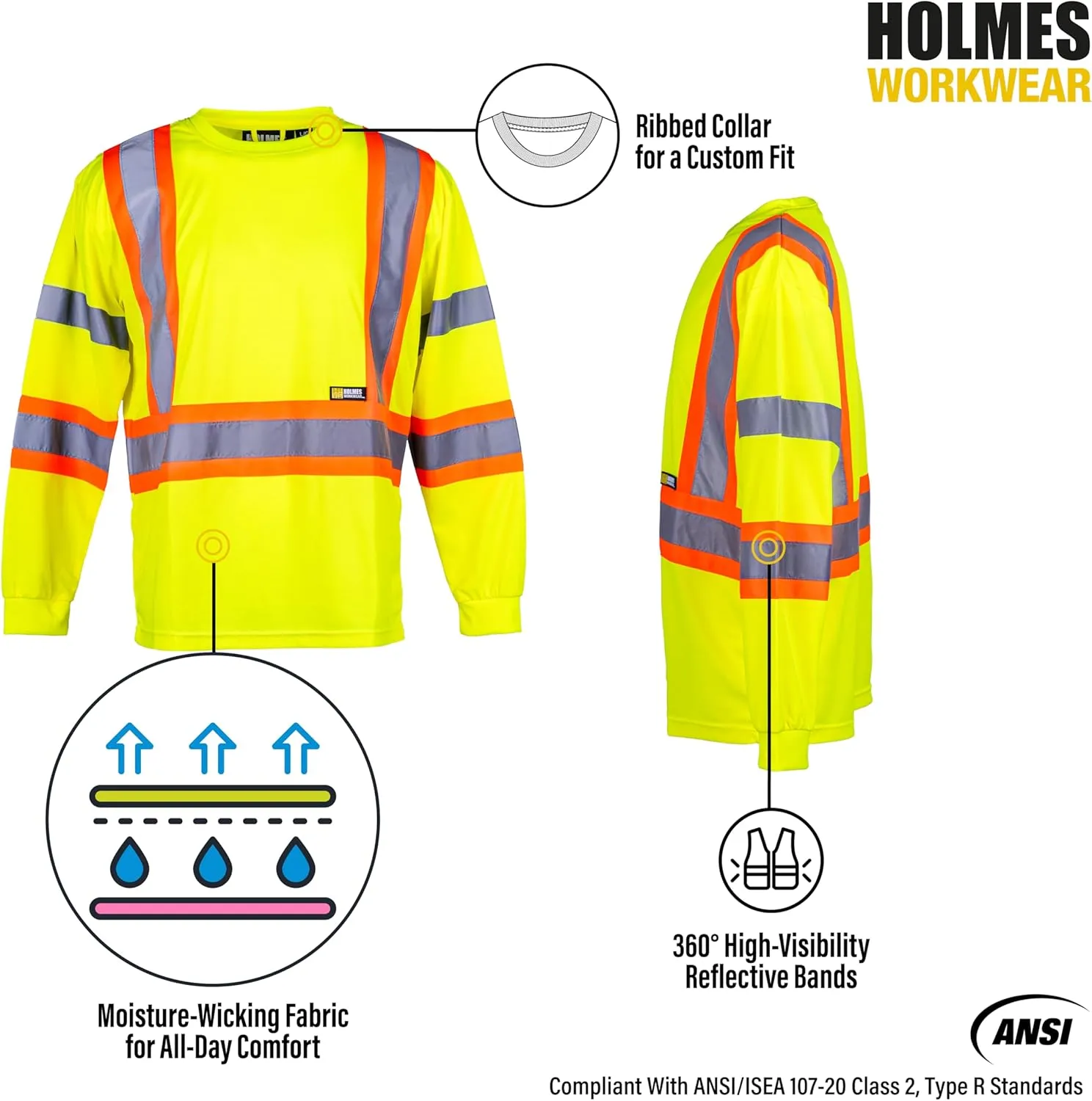 Hi-Vis Safety Long Sleeve Shirt; Moisture-Wicking Work Sweater with Reflective Stripes