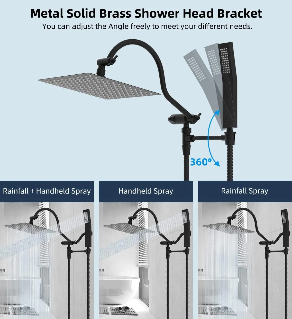 Hibbent All Metal Shower Head, 12'' High Pressure Rainfall Shower Head, Showerhead Combo/Handheld Shower Wand, 12'' Adjustable Curved Shower Extension Arm, 71'' Hose, 2 Shower Holders, Matte Black