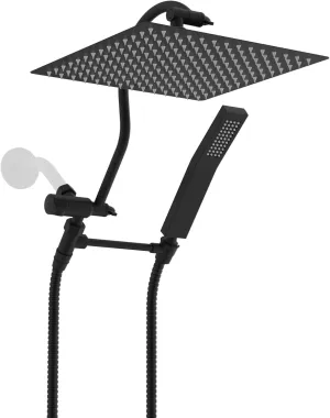 Hibbent All Metal Shower Head, 12'' High Pressure Rainfall Shower Head, Showerhead Combo/Handheld Shower Wand, 12'' Adjustable Curved Shower Extension Arm, 71'' Hose, 2 Shower Holders, Matte Black