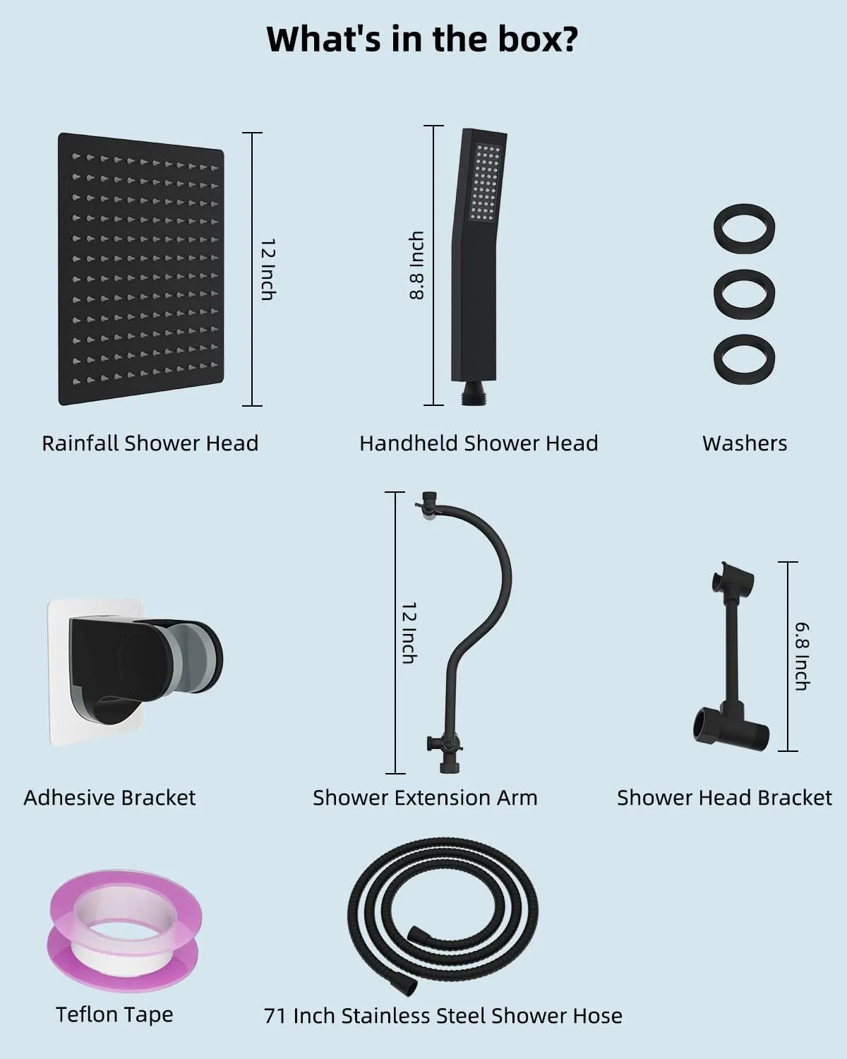 Hibbent All Metal Shower Head, 12'' High Pressure Rainfall Shower Head, Showerhead Combo/Handheld Shower Wand, 12'' Adjustable Curved Shower Extension Arm, 71'' Hose, 2 Shower Holders, Matte Black
