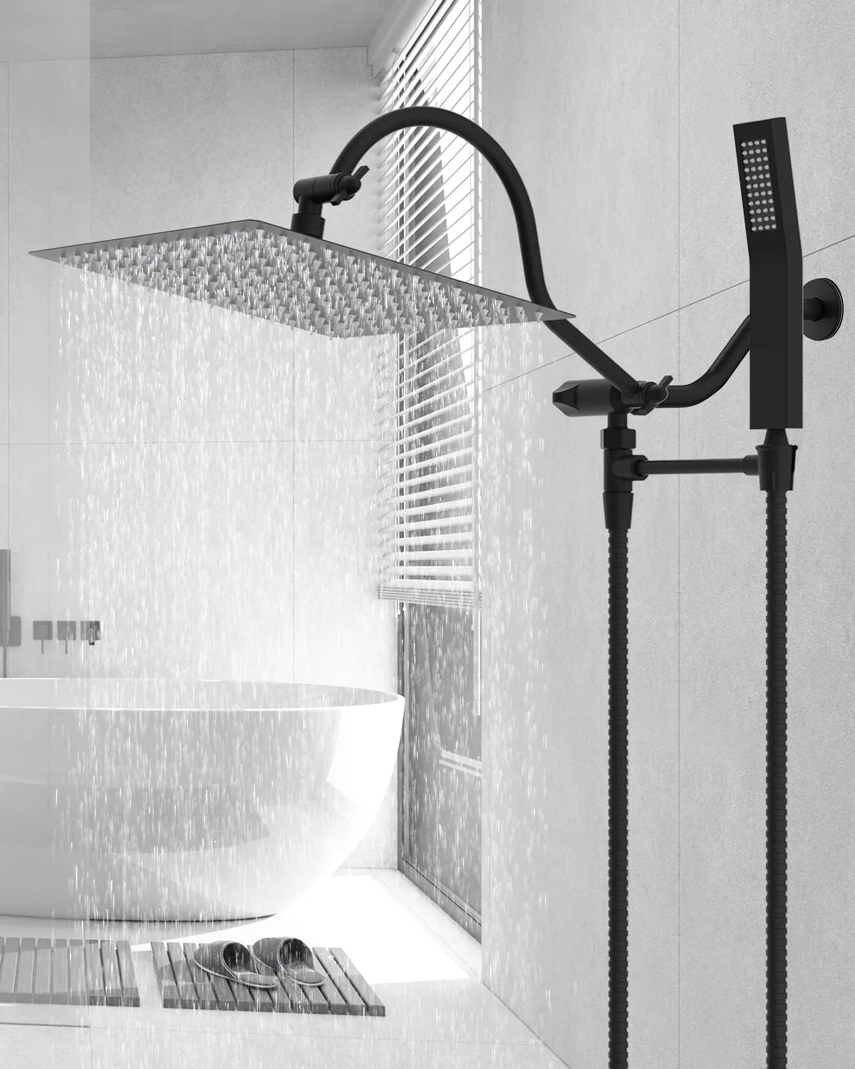 Hibbent All Metal Shower Head, 12'' High Pressure Rainfall Shower Head, Showerhead Combo/Handheld Shower Wand, 12'' Adjustable Curved Shower Extension Arm, 71'' Hose, 2 Shower Holders, Matte Black