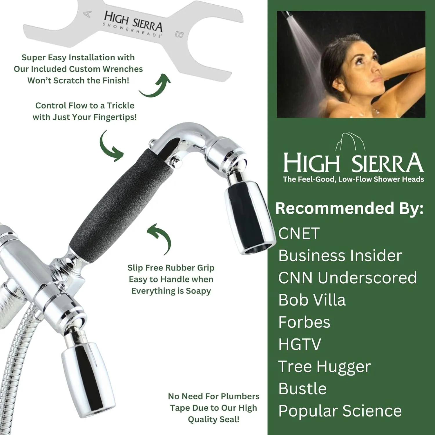High Sierra Showerheads® - Solid Metal 1.8 GPM Low-Flow 4-Way Classic Shower Head and Handheld Combination w/Slip-Free Grip & Limescale Resistant Insert - Brushed Nickel