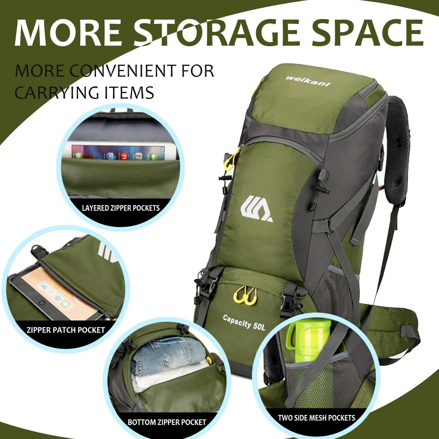 Hiking Backpack 50L, Lightweight Travel Backpack Camping Essentials Bag Outdoor Sport Daypack for Men Women Trekking Hunting Adventure Gear (Green)