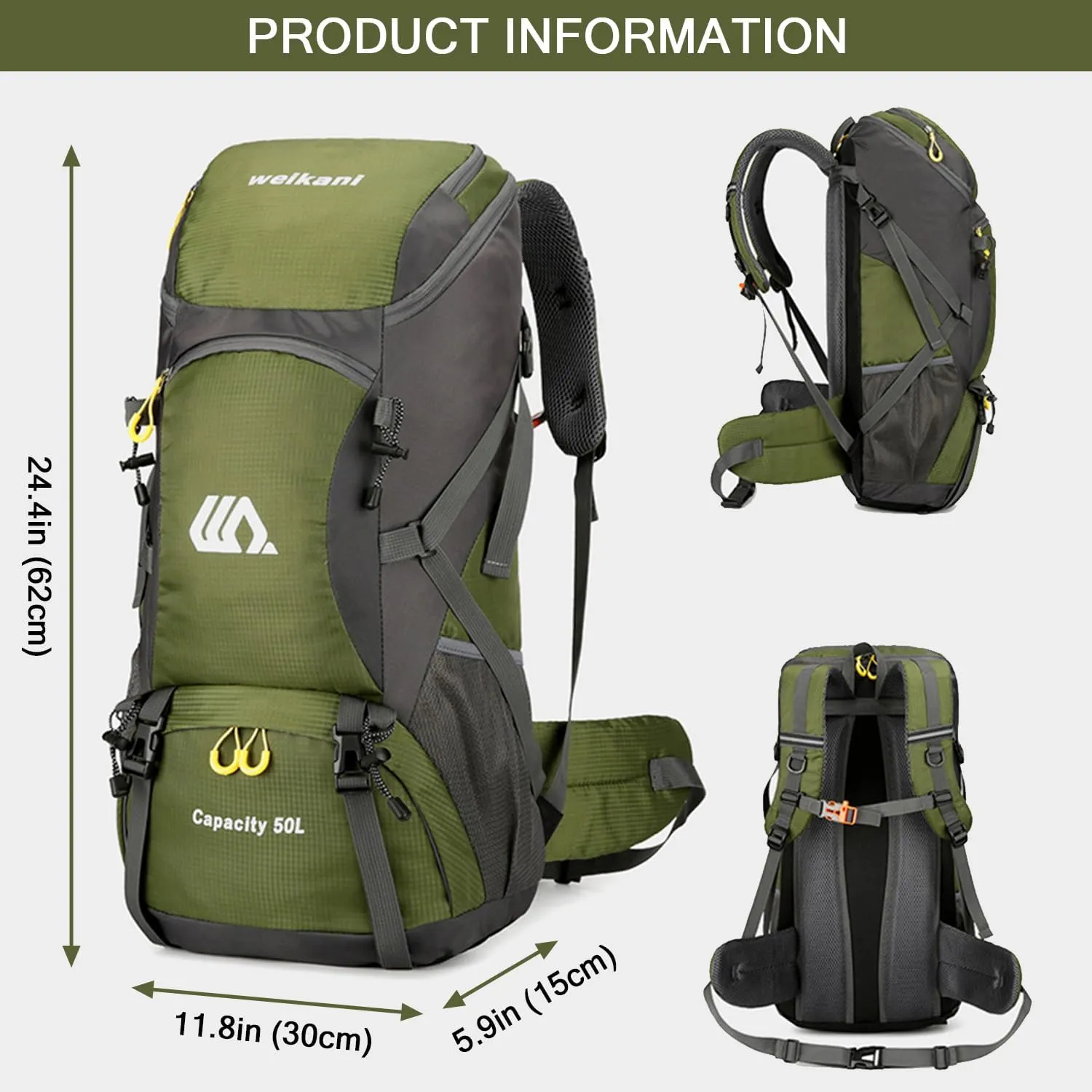 Hiking Backpack 50L, Lightweight Travel Backpack Camping Essentials Bag Outdoor Sport Daypack for Men Women Trekking Hunting Adventure Gear (Green)