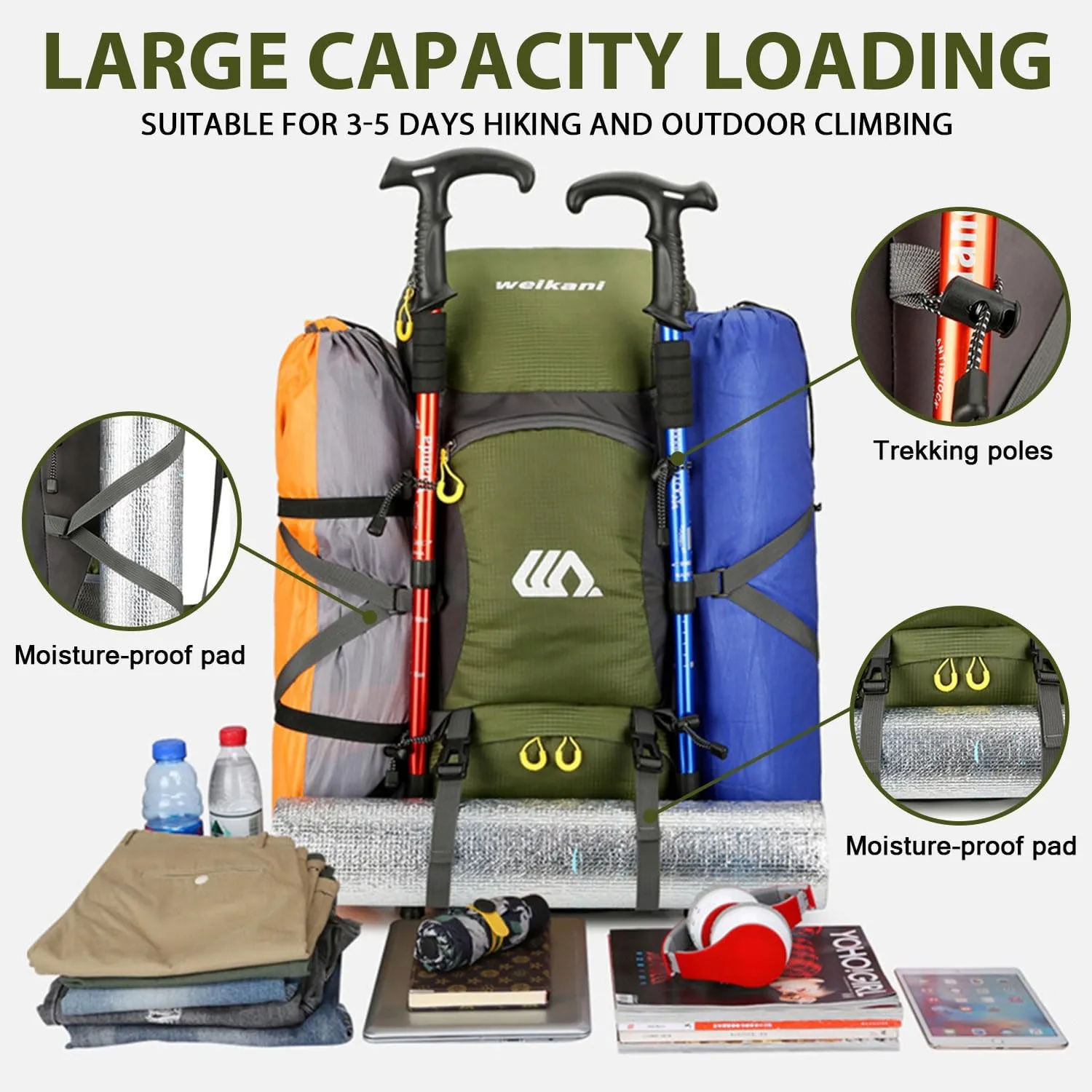 Hiking Backpack 50L, Lightweight Travel Backpack Camping Essentials Bag Outdoor Sport Daypack for Men Women Trekking Hunting Adventure Gear (Green)