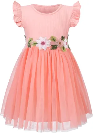 HILEELANG Little Flower Girl Tulle Tutu Dress Easter Cotton Ribbed Birthday Wedding Party Princess Dresses