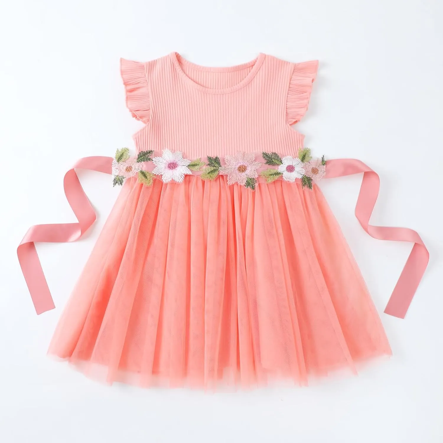 HILEELANG Little Flower Girl Tulle Tutu Dress Easter Cotton Ribbed Birthday Wedding Party Princess Dresses
