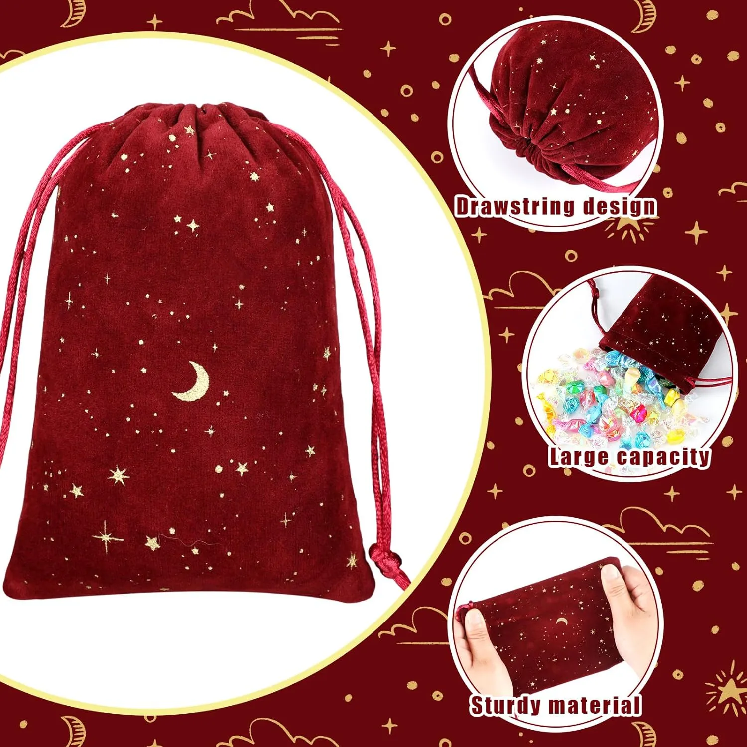 Hillban 30 Pcs 4 x 6 Inch Colorful Velvet Drawstrings Bags for Jewelry Moon Star Pouch with Drawstrings Jewelry Bags for Gift Packaging Wedding Anniversary Christmas Eid Mubarak