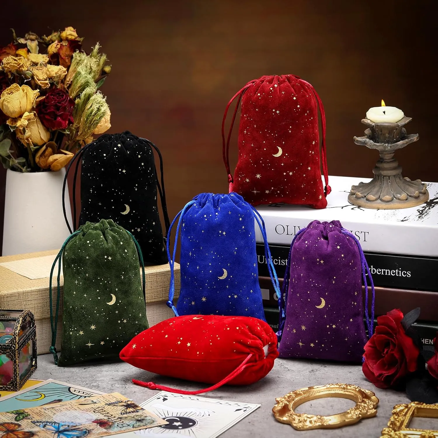 Hillban 30 Pcs 4 x 6 Inch Colorful Velvet Drawstrings Bags for Jewelry Moon Star Pouch with Drawstrings Jewelry Bags for Gift Packaging Wedding Anniversary Christmas Eid Mubarak
