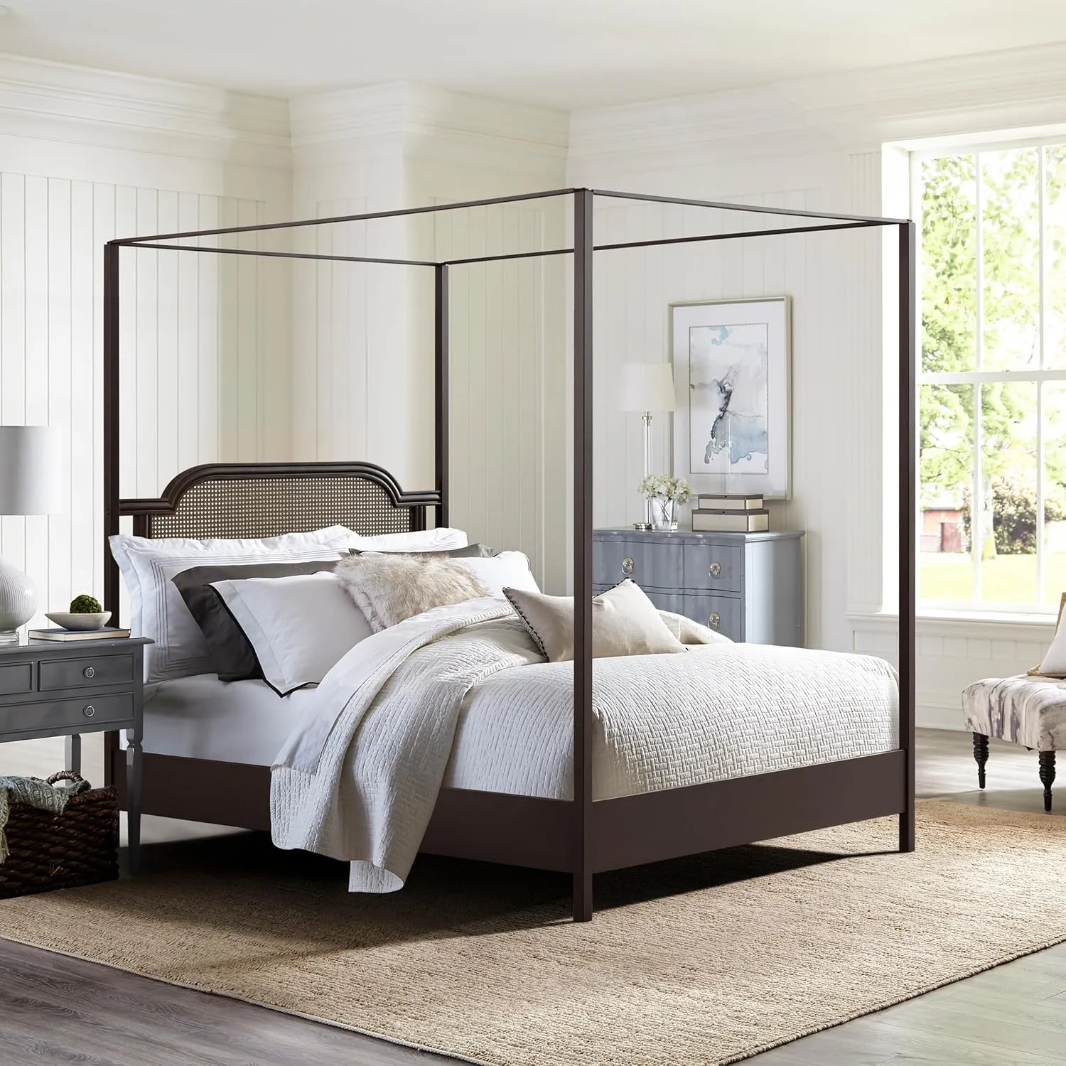 Hillsdale Melanie Wood and Metal Queen Canopy Bed with Low Footboard, Oiled Bronze