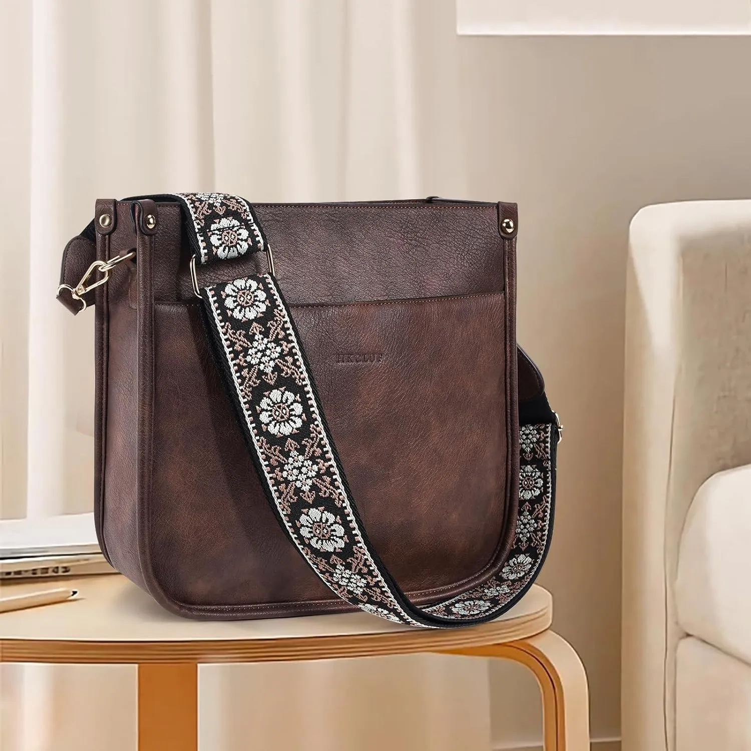 HKCLUF Crossbody Bags for Women Trendy Vegan Leather Hobo Handbags With 2PCS Adjustable Guitar Strap Shoulder Bucket Bags
