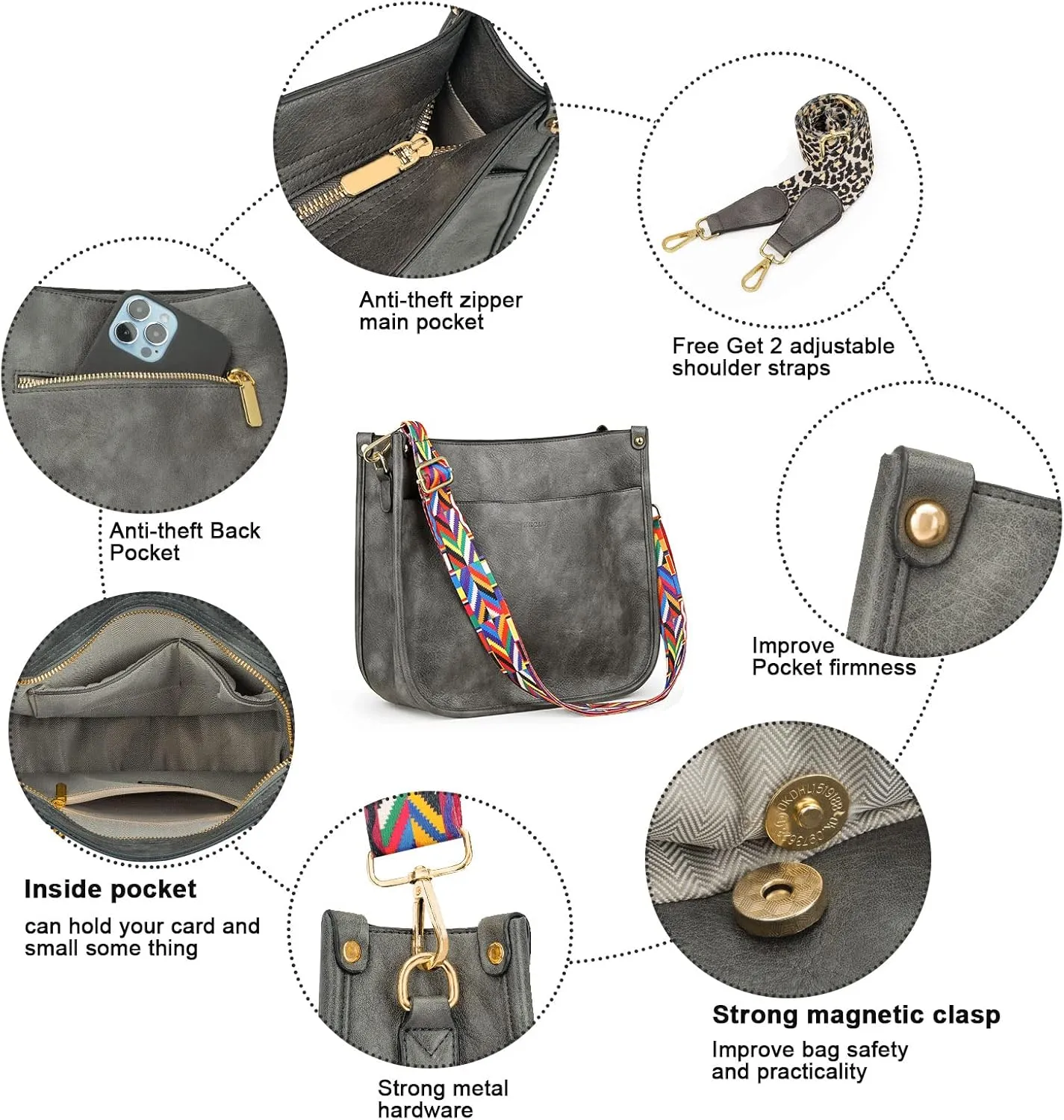 HKCLUF Crossbody Bags for Women Trendy Vegan Leather Hobo Handbags With 2PCS Adjustable Guitar Strap Shoulder Bucket Bags
