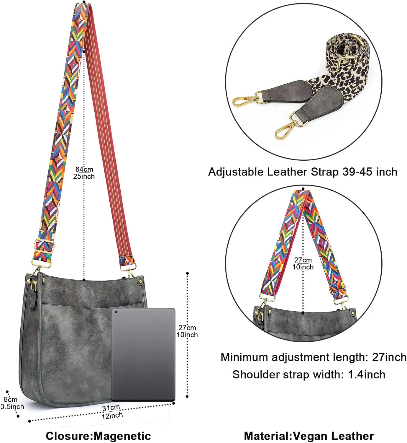 HKCLUF Crossbody Bags for Women Trendy Vegan Leather Hobo Handbags With 2PCS Adjustable Guitar Strap Shoulder Bucket Bags