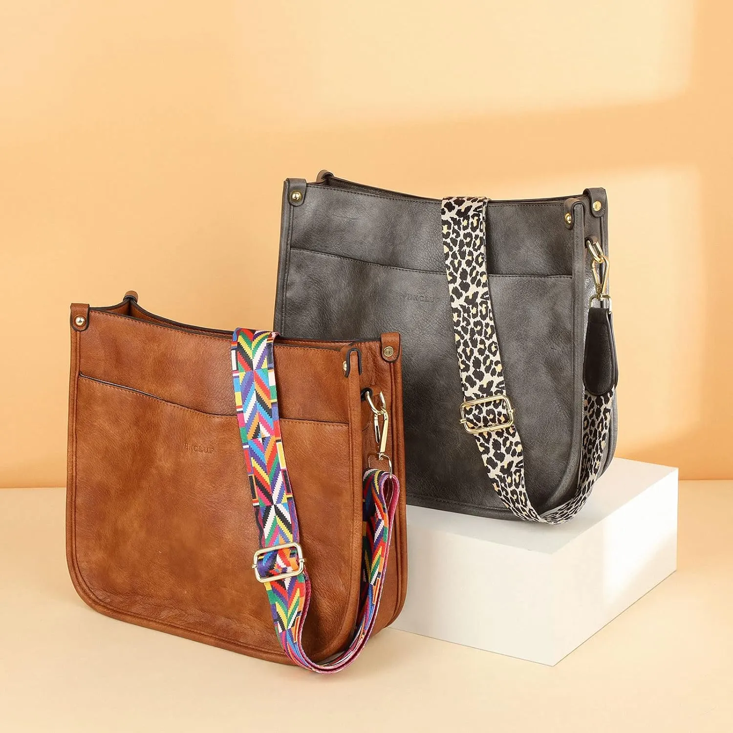 HKCLUF Crossbody Bags for Women Trendy Vegan Leather Hobo Handbags With 2PCS Adjustable Guitar Strap Shoulder Bucket Bags