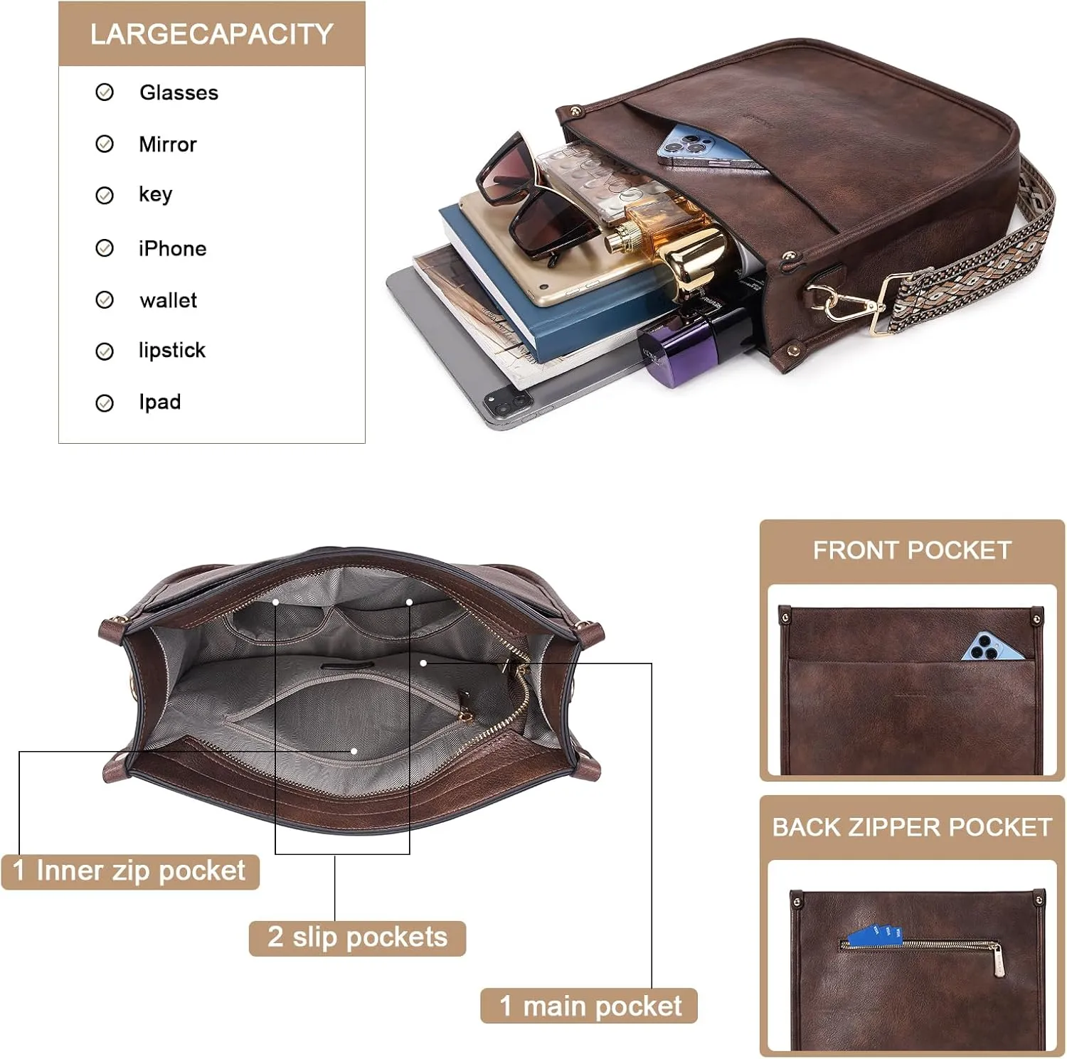 HKCLUF Crossbody Bags for Women Trendy Vegan Leather Hobo Handbags With 2PCS Adjustable Guitar Strap Shoulder Bucket Bags