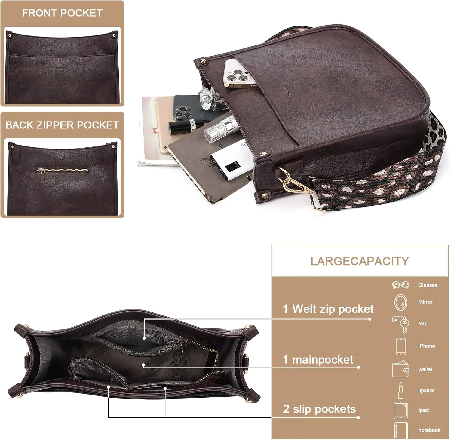 HKCLUF Crossbody Bags for Women Trendy Vegan Leather Hobo Handbags With 2PCS Adjustable Guitar Strap Shoulder Bucket Bags