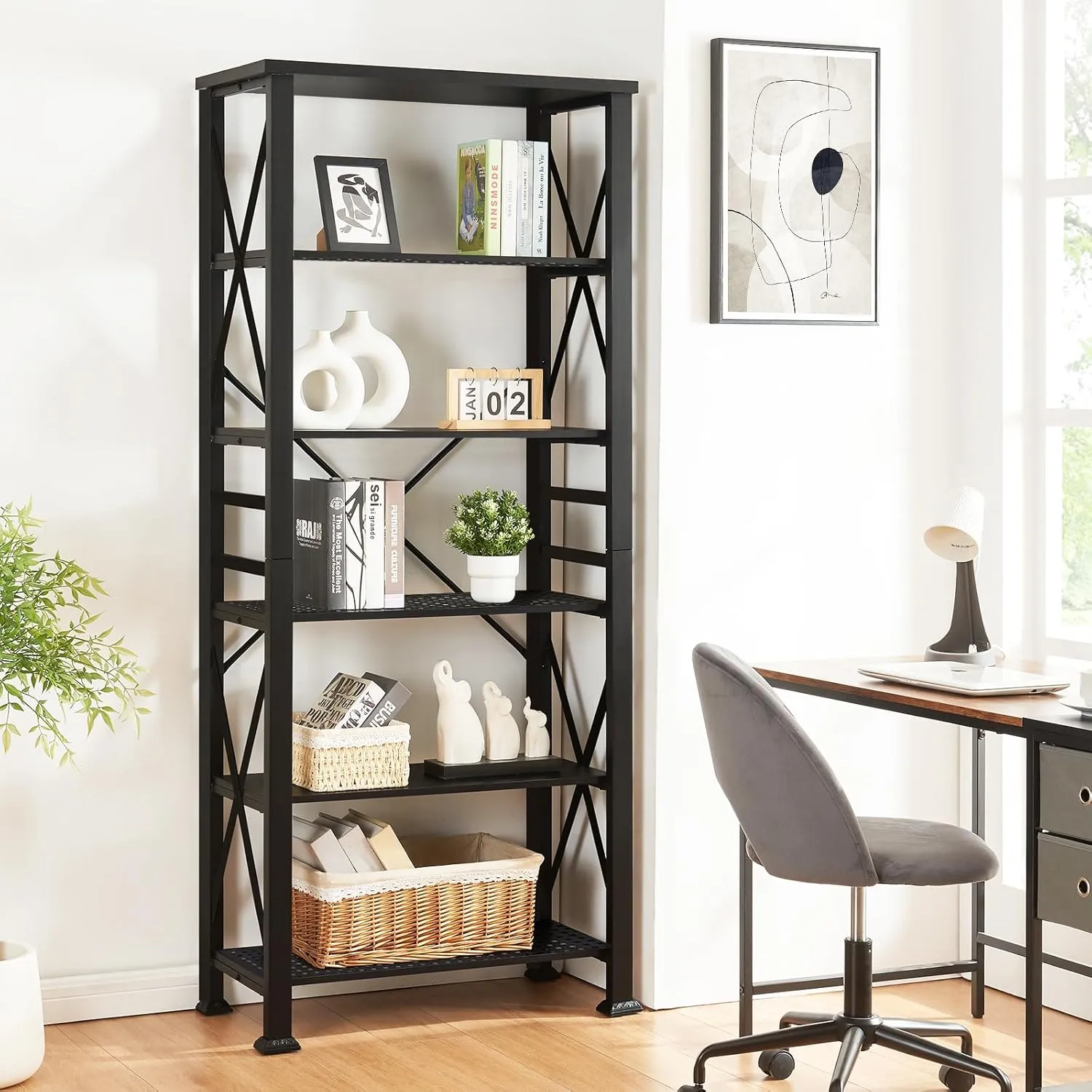 HOMBAZAAR 6 Tier Bookshelf,74 Inch Tall Industrial Bookshelf with Metal Frame and Open Shelves,Rustic Heavy Duty Bookshelves and Bookcases,Sturdy Book Shelf for Office,Living Room and Library,Black