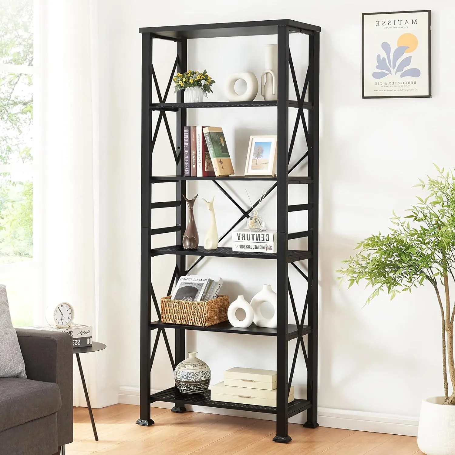 HOMBAZAAR 6 Tier Bookshelf,74 Inch Tall Industrial Bookshelf with Metal Frame and Open Shelves,Rustic Heavy Duty Bookshelves and Bookcases,Sturdy Book Shelf for Office,Living Room and Library,Black