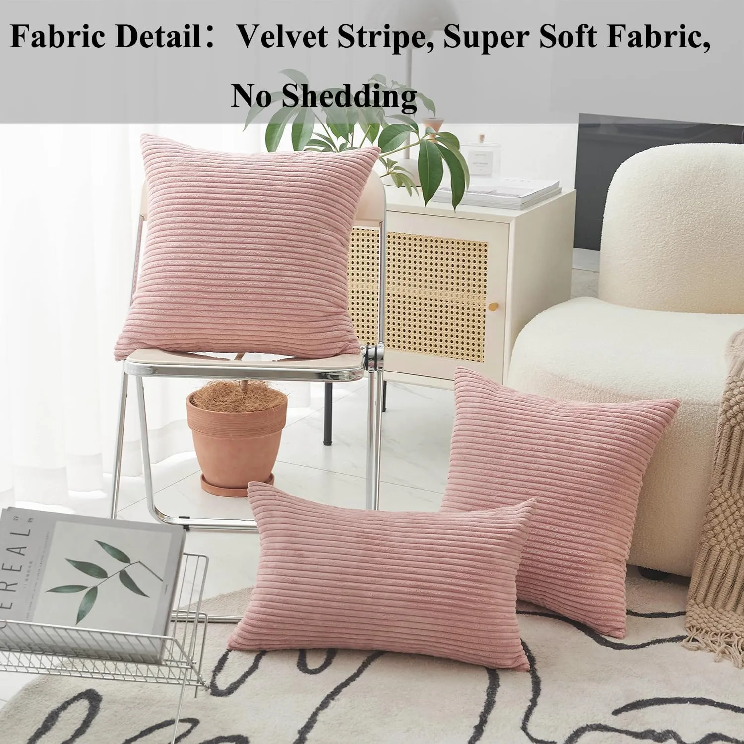 Home Brilliant Pillow Covers 22x22 2 Packs Pillows Decorative Throw Pillows for Couch Bench Striped Velvet Spring Decor, 55x55cm, 22 x 22 Inch, Baby Pink