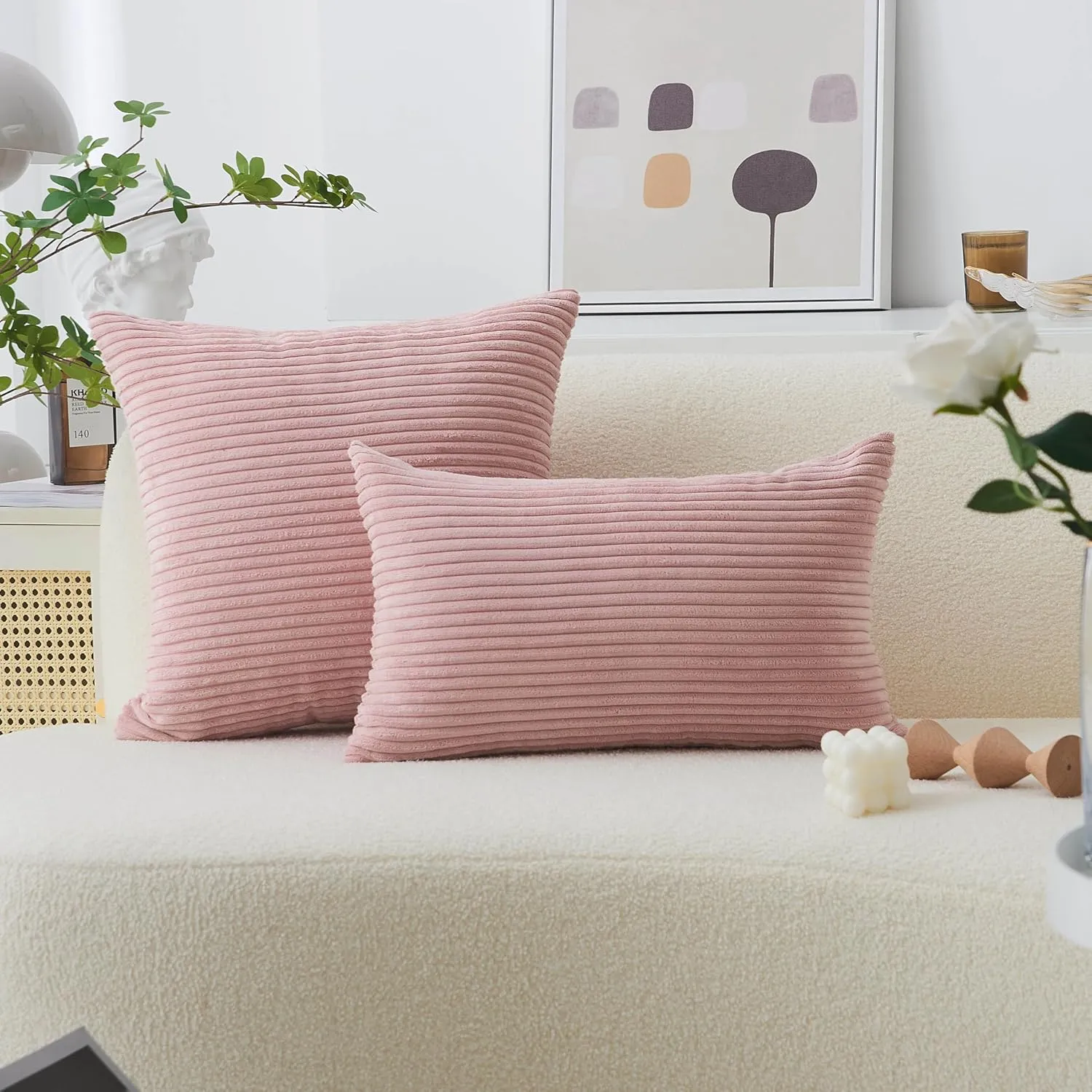 Home Brilliant Pillow Covers 22x22 2 Packs Pillows Decorative Throw Pillows for Couch Bench Striped Velvet Spring Decor, 55x55cm, 22 x 22 Inch, Baby Pink