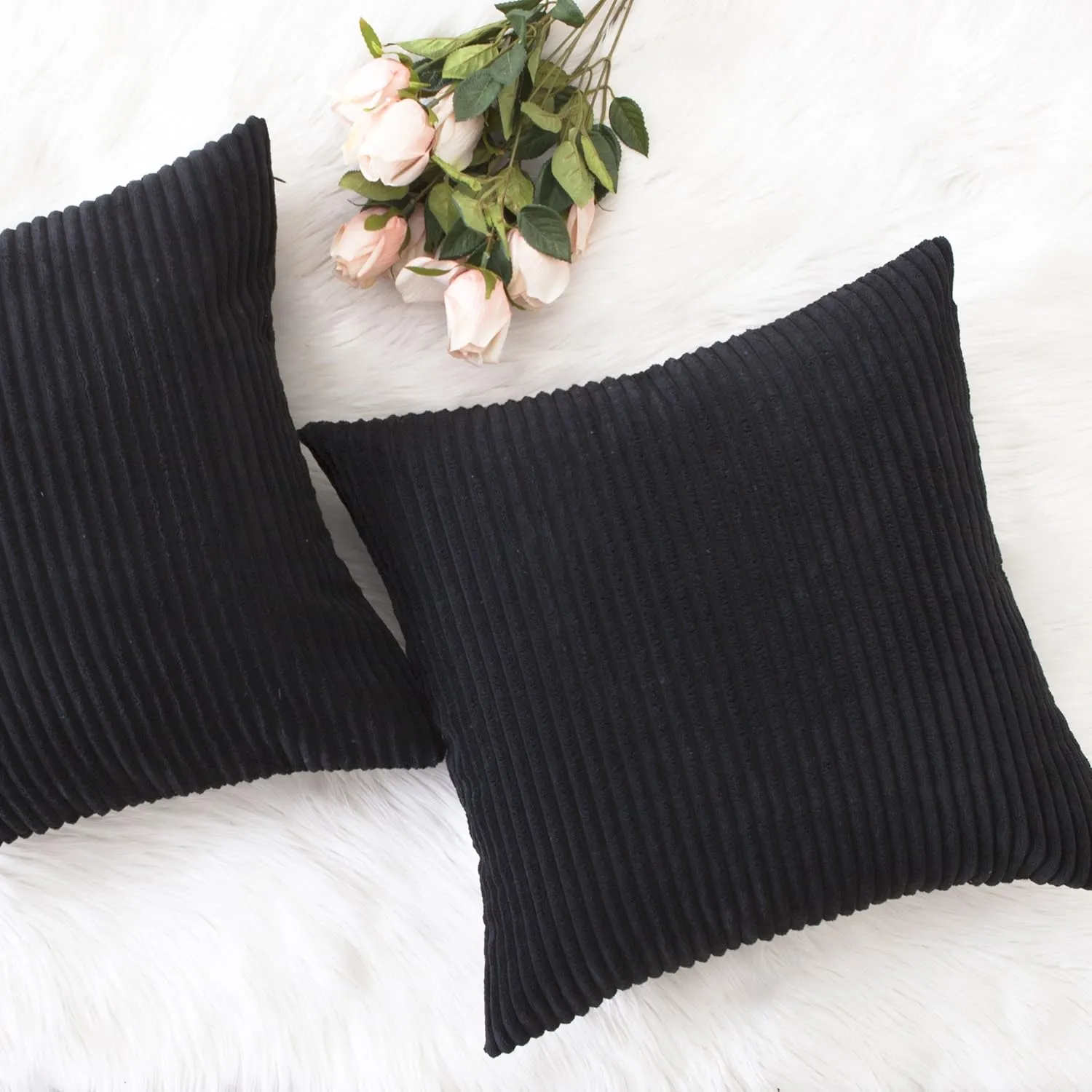 Home Brilliant Set of 2 Throw Pillow Covers Spring Decorative Couch Pillow Covers Striped Velvet Pillowcases for Floor, 55cm, 22 x 22 Inch, Black
