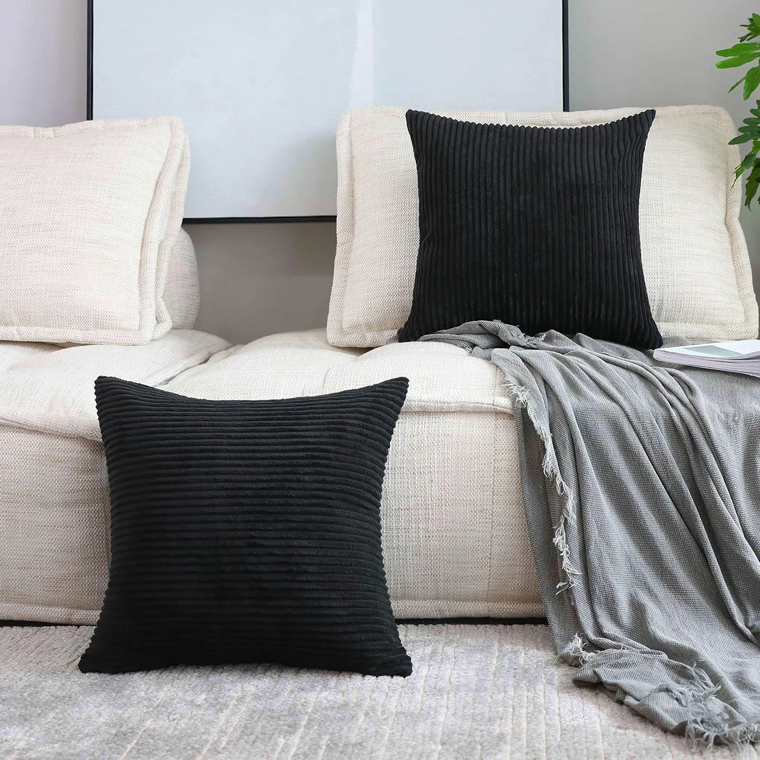 Home Brilliant Set of 2 Throw Pillow Covers Spring Decorative Couch Pillow Covers Striped Velvet Pillowcases for Floor, 55cm, 22 x 22 Inch, Black