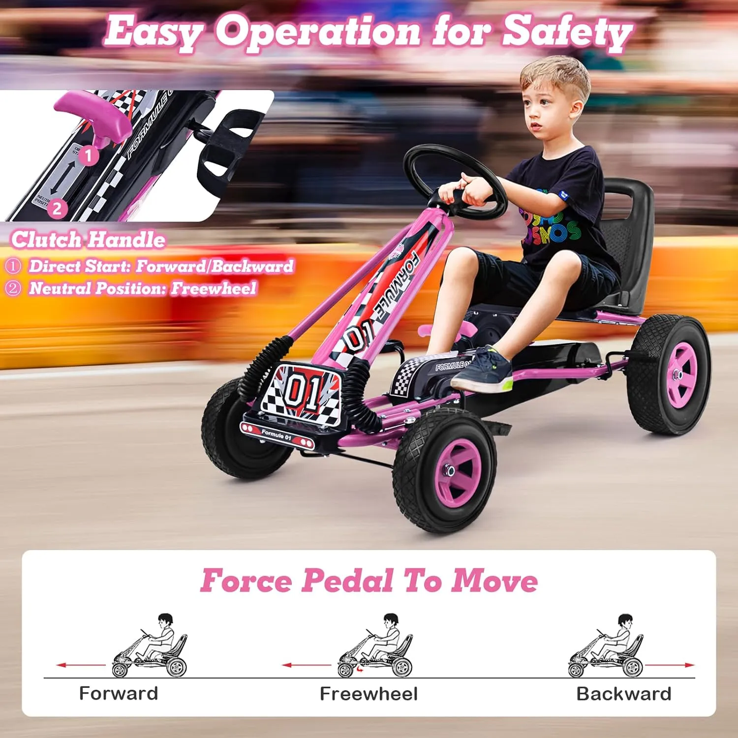 HONEY JOY Go Kart for Kids, 4 Wheel Quad Off-Road Pedal On Foot Go Cart w/Steering Wheels & Adjustable Seat, 2 Safety Brakes, EVA Rubber Tires, Clutch, Outdoor Racer Ride On Pedal Car (Pink)