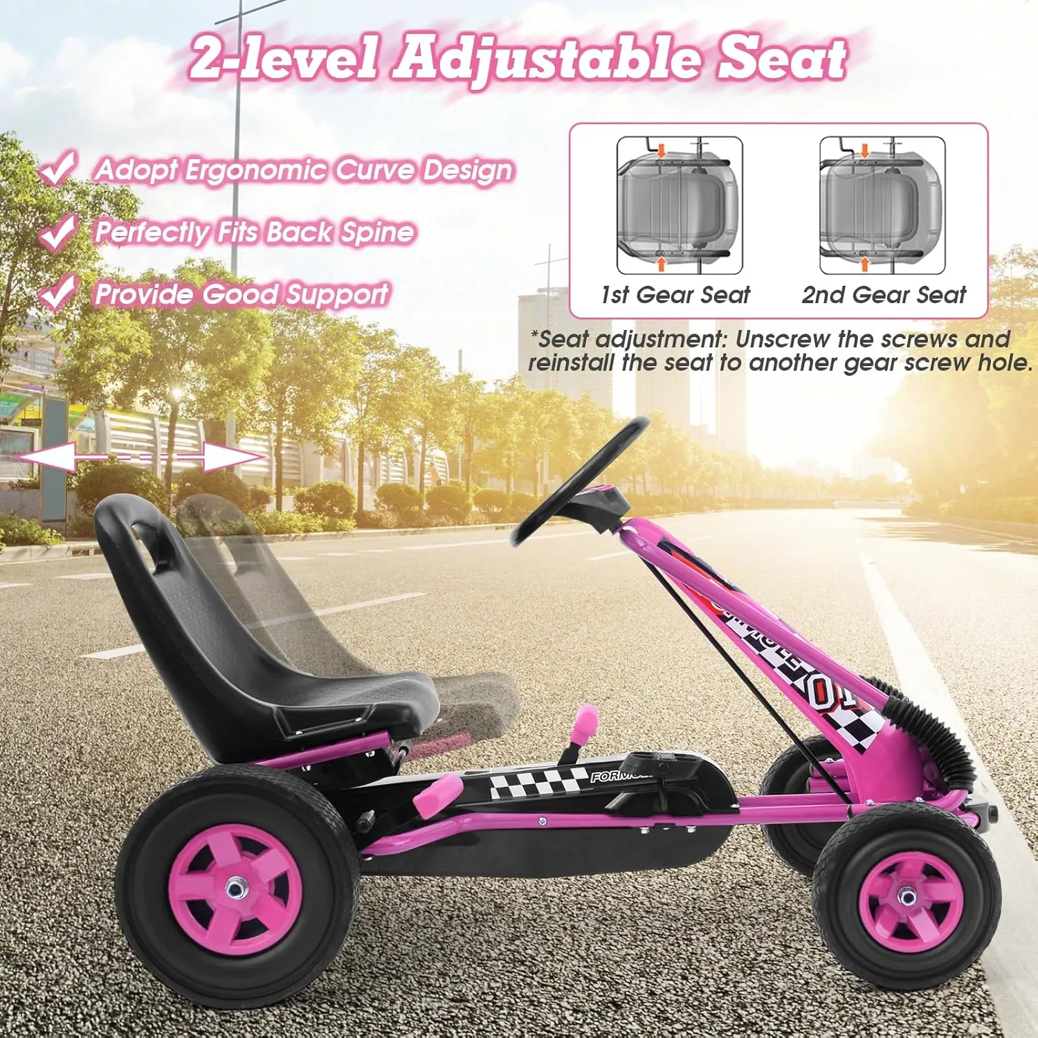 HONEY JOY Go Kart for Kids, 4 Wheel Quad Off-Road Pedal On Foot Go Cart w/Steering Wheels & Adjustable Seat, 2 Safety Brakes, EVA Rubber Tires, Clutch, Outdoor Racer Ride On Pedal Car (Pink)