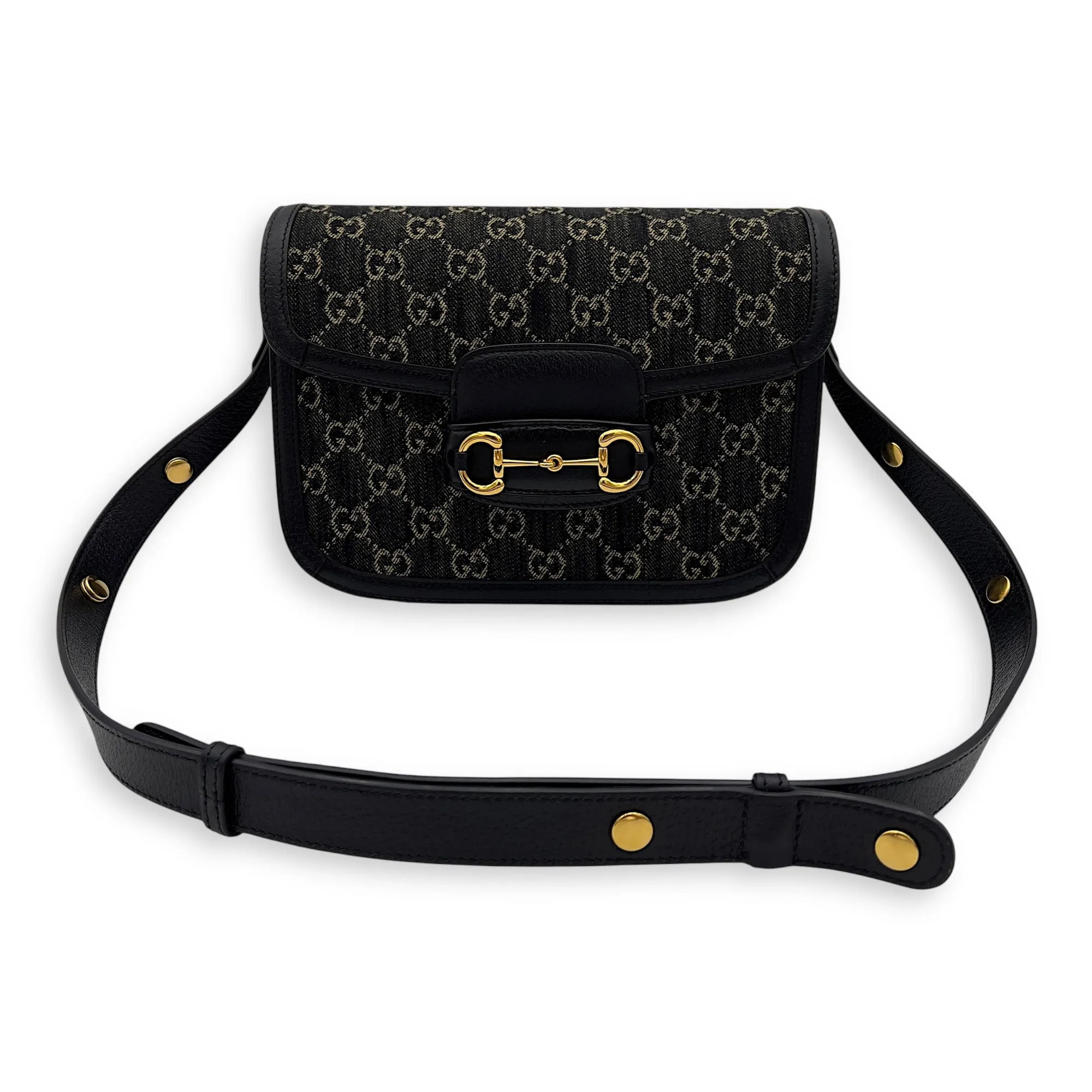 Horsebit 1955 Black Crossbody Bag in Denim, Gold hardware