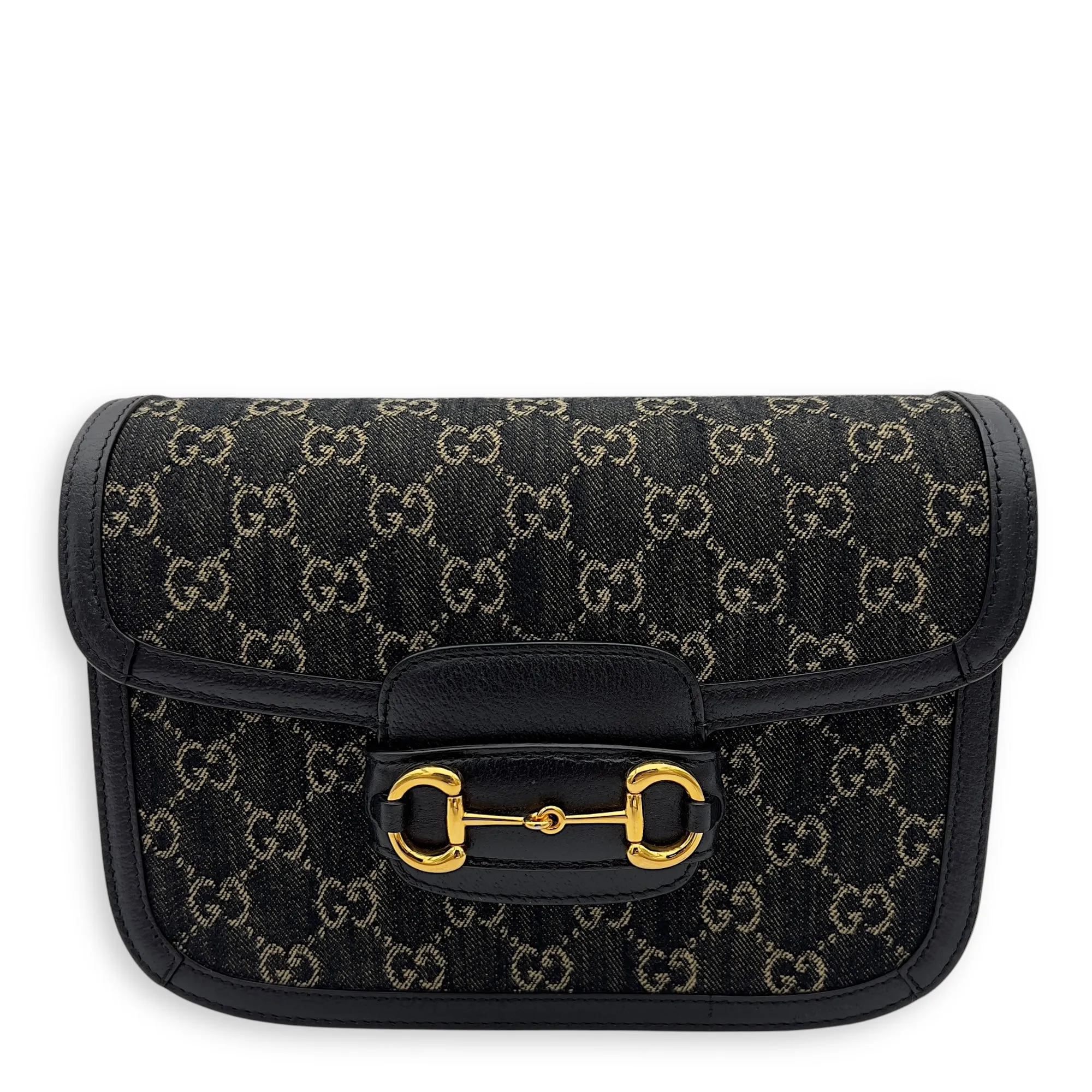 Horsebit 1955 Black Crossbody Bag in Denim, Gold hardware