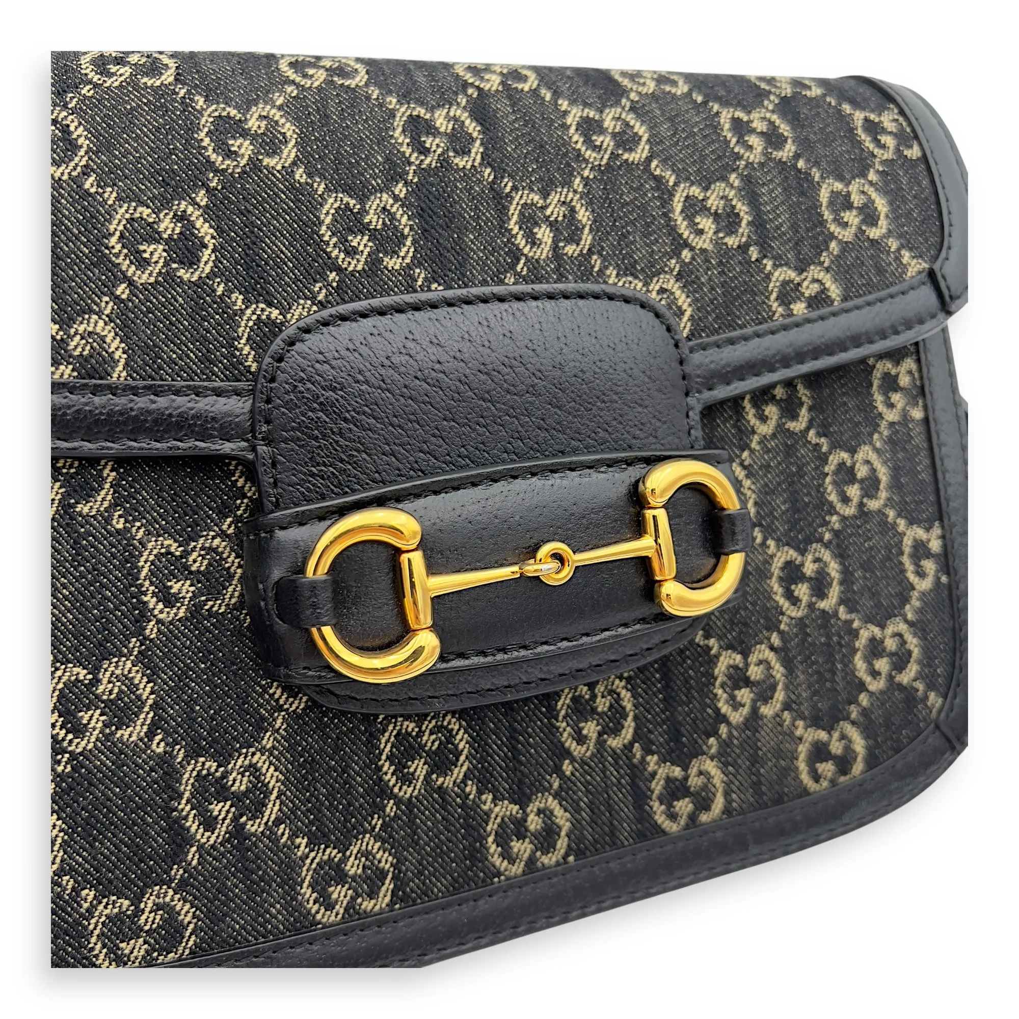 Horsebit 1955 Black Crossbody Bag in Denim, Gold hardware