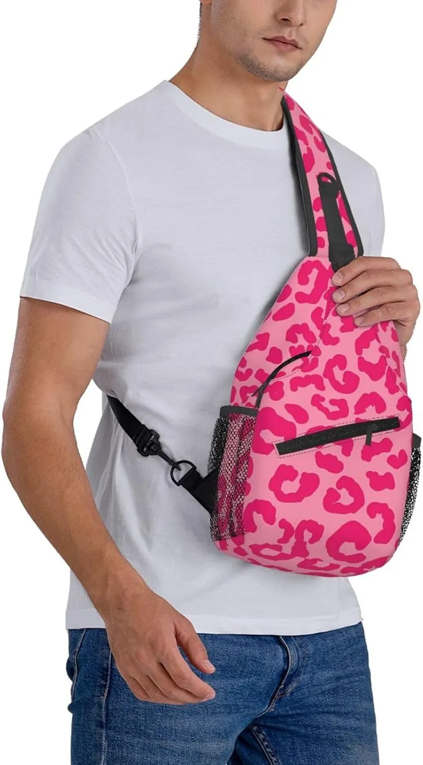 Hot Pink Leopard Sling Bag Adjustable Crossbody Bag Casual Chest Bags Travel Shoulder Backpack For Women Men