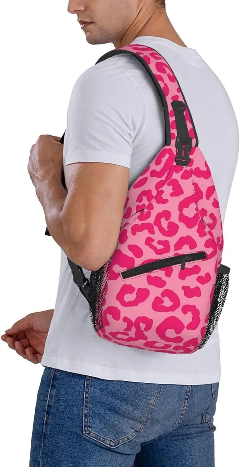 Hot Pink Leopard Sling Bag Adjustable Crossbody Bag Casual Chest Bags Travel Shoulder Backpack For Women Men
