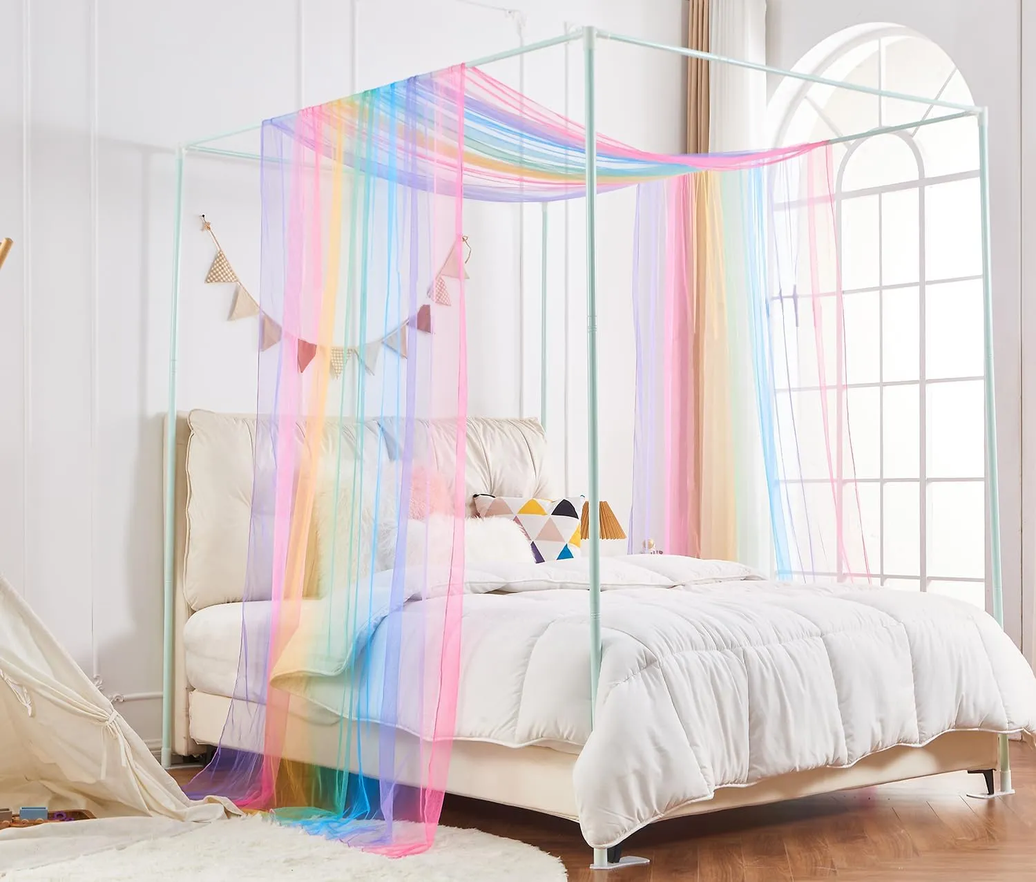 House Bed Canopy for Girls, Rainbow Canopy Bed Curtains Twin with Lights, Princess Sheer Bed Canopy Scarf for Girls Room Decor (2 Panel)