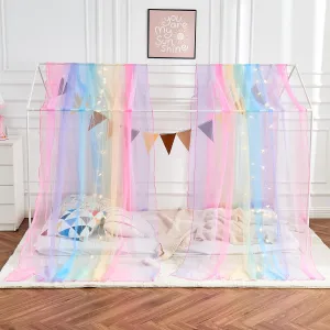 House Bed Canopy for Girls, Rainbow Canopy Bed Curtains Twin with Lights, Princess Sheer Bed Canopy Scarf for Girls Room Decor (2 Panel)