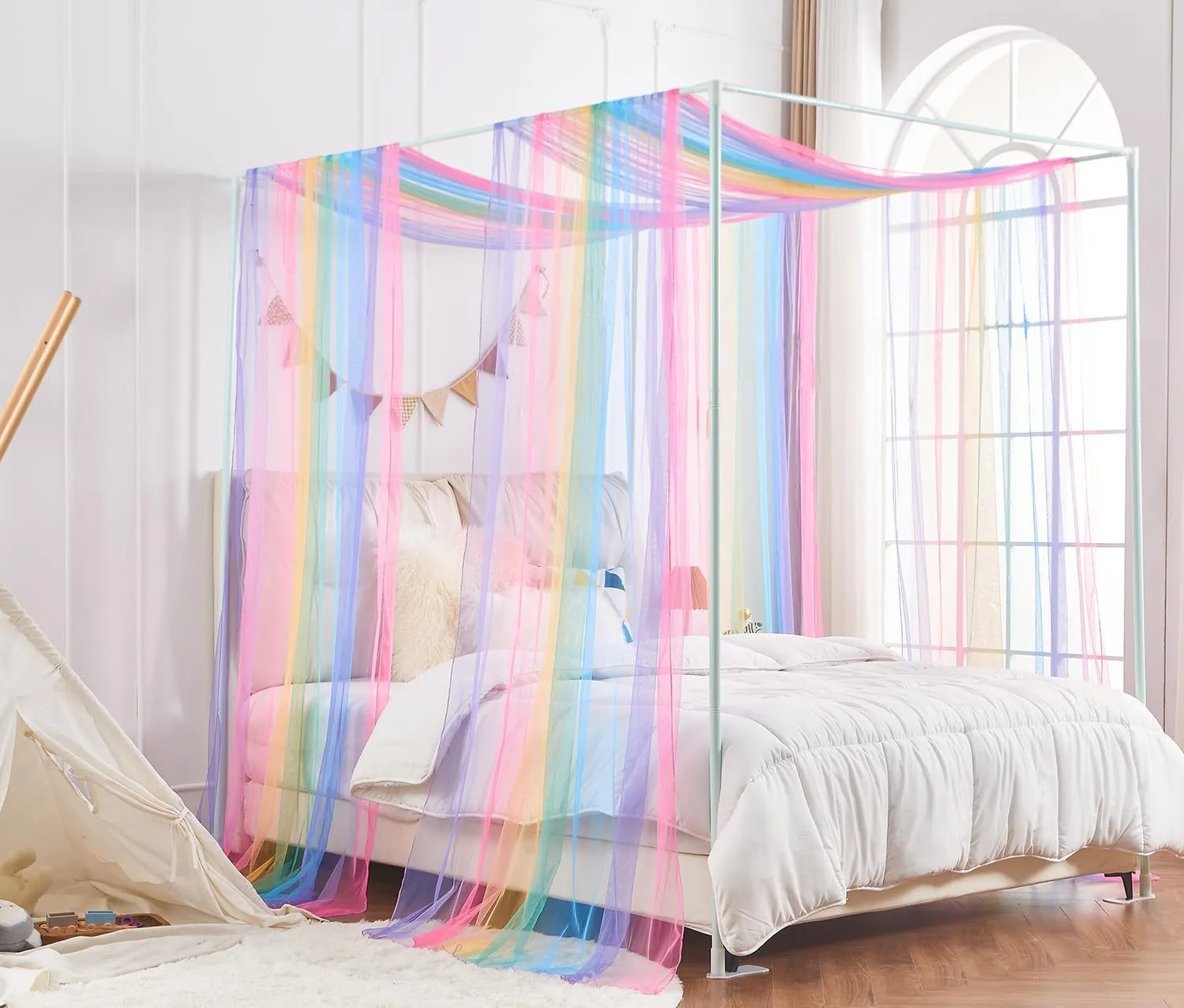 House Bed Canopy for Girls, Rainbow Canopy Bed Curtains Twin with Lights, Princess Sheer Bed Canopy Scarf for Girls Room Decor (2 Panel)