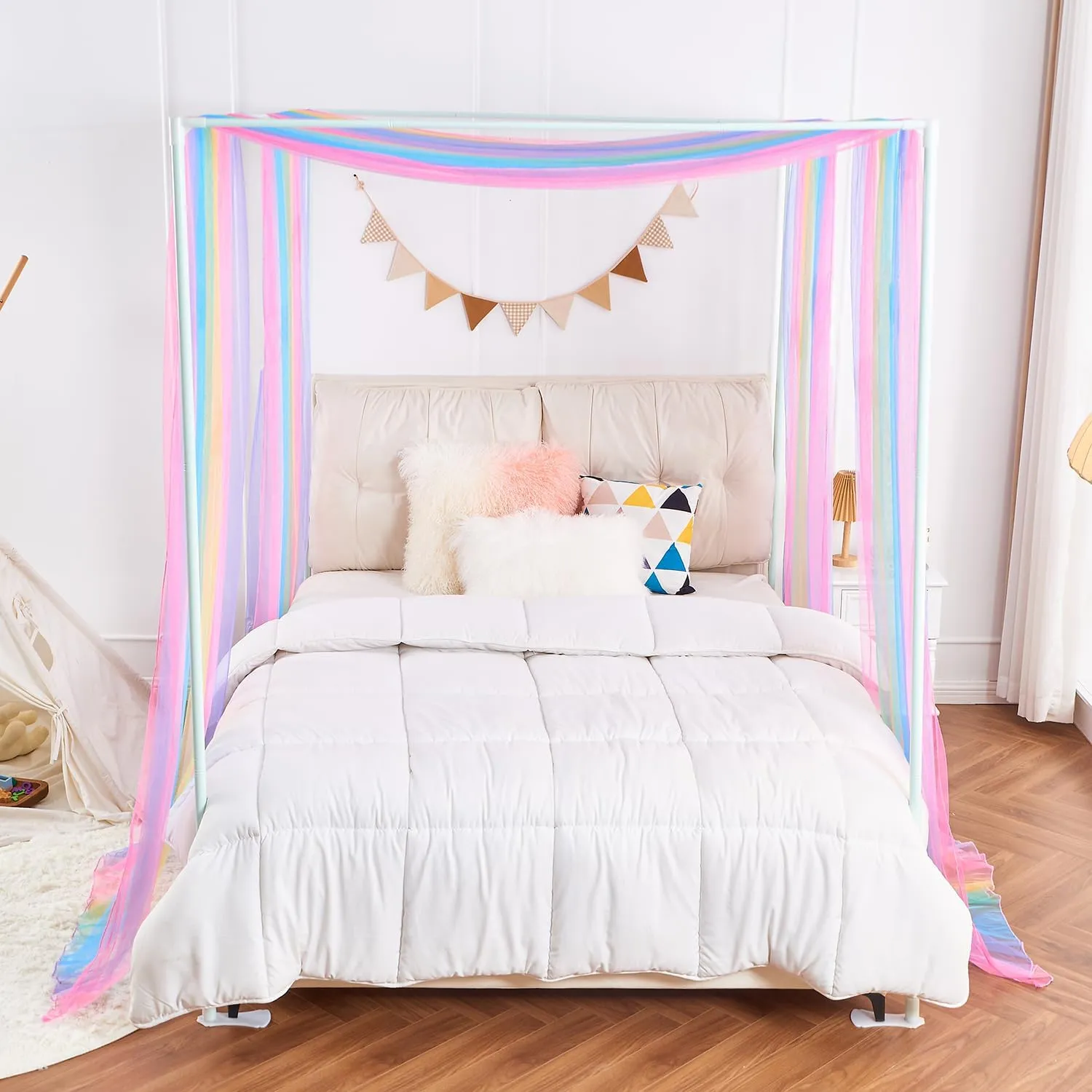 House Bed Canopy for Girls, Rainbow Canopy Bed Curtains Twin with Lights, Princess Sheer Bed Canopy Scarf for Girls Room Decor (2 Panel)