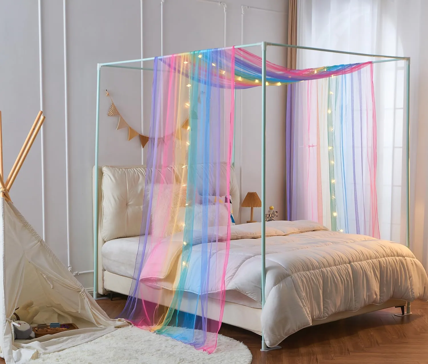 House Bed Canopy for Girls, Rainbow Canopy Bed Curtains Twin with Lights, Princess Sheer Bed Canopy Scarf for Girls Room Decor (2 Panel)