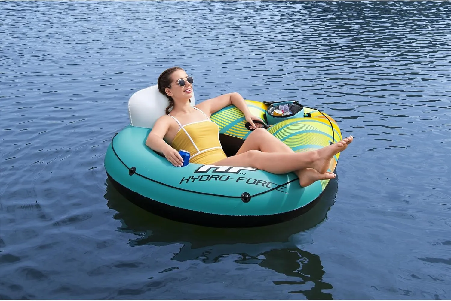 Hydro-Force Inflatable Tube Swim Ring with Built-in Cooler & Cup Holder