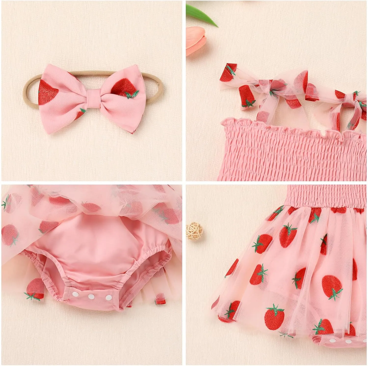 IMEKIS Baby Girl Strawberry One Birthday Outfit Boho Romper Tulle Dress Headband Summer Cake Smash Photo Shoot