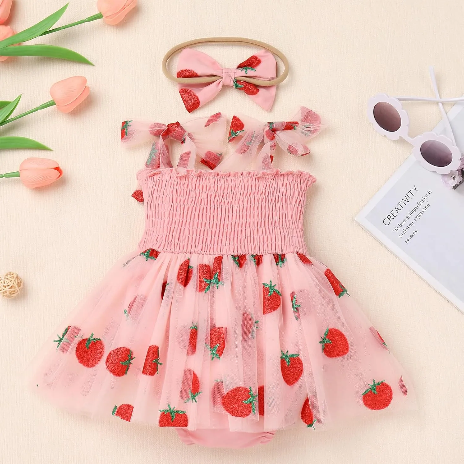 IMEKIS Baby Girl Strawberry One Birthday Outfit Boho Romper Tulle Dress Headband Summer Cake Smash Photo Shoot
